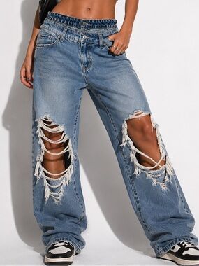Willow & Root The Low Slung Double Waist Distressed Baggy Jeans 26 90s Revival